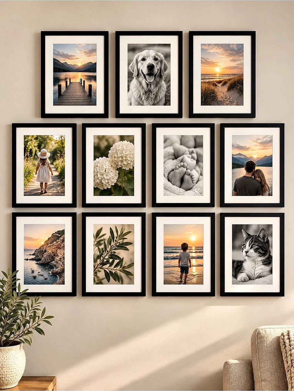 Set of 11 Black 8x10 / 5x7 Picture Frames with White Mats Gallery Wall Decor NEW